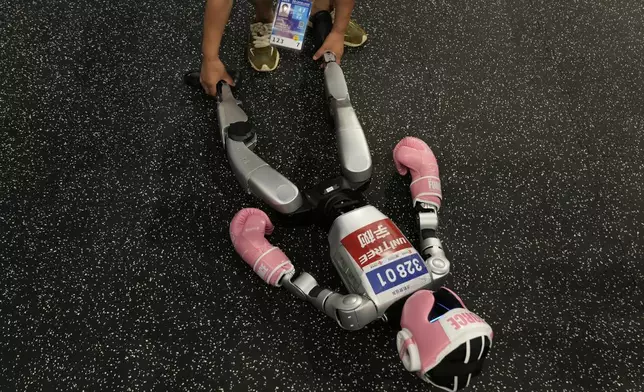 A robot is pulled by its legs after it fell during the Free Combat event at the World Humanoid Robot Games held in Beijing, China, Friday, Aug. 15, 2025. (AP Photo/Mahesh Kumar A.)