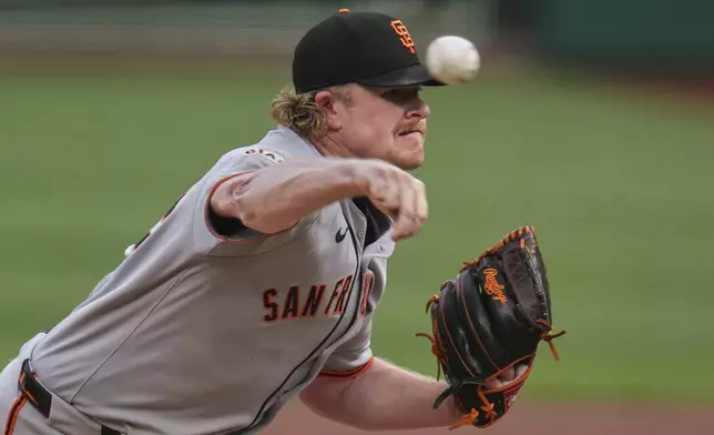 San Francisco Giants pitcher Logan Webb delivers during the first inning of a baseball game against the Pittsburgh Pirates in Pittsburgh, Tuesday, Aug. 5, 2025. (AP Photo/Gene J. Puskar)