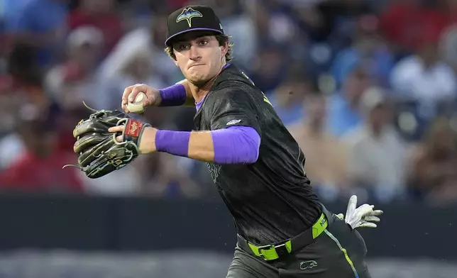 Tampa Bay Rays shortstop Carson Williams throws out St. Louis Cardinals' Thomas Saggese at first base during the second inning of a baseball game Friday, Aug. 22, 2025, in Tampa, Fla. (AP Photo/Chris O'Meara)
