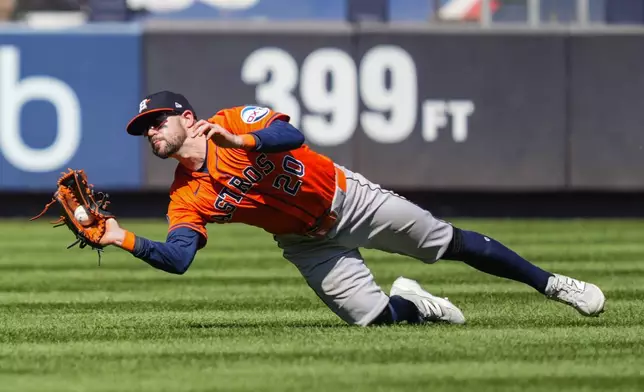 Houston Astros outfielder Chas McCormick catches a fly ball by New York Yankees' Ryan McMahon during the fourth inning of a baseball game against the New York Yankees, Saturday, Aug. 9, 2025, in New York. (AP Photo/Yuki Iwamura)