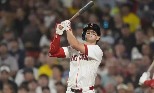 Boston Red Sox Roman Anthony watches his hit go foul in the fifth inning of a baseball game against the Kansas City Royals, Wednesday, Aug. 6, 2025, in Boston. (AP Photo/Robert F. Bukaty)