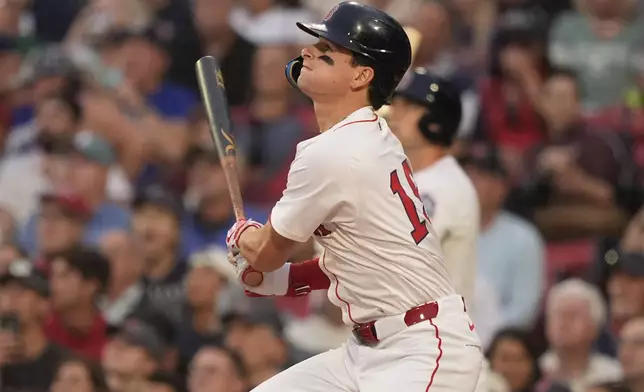 Boston Red Sox Roman Anthony flies out to right field in the first inning of a baseball game against the Kansas City Royals, Wednesday, Aug. 6, 2025, in Boston. (AP Photo/Robert F. Bukaty)