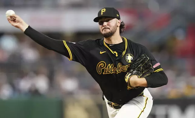 Pittsburgh Pirates pitcher Paul Skenes delivers during the sixth inning of a baseball game against the Toronto Blue Jays, Monday, Aug. 18, 2025, in Pittsburgh. (AP Photo/Matt Freed)