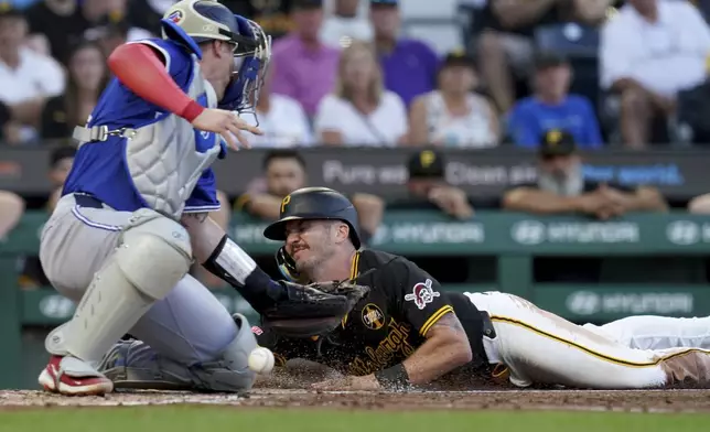 Pittsburgh Pirates' Spencer Horwitz, right, scores as Toronto Blue Jays catcher Tyler Heineman, left, cannot handle a throw during the third inning of a baseball game Monday, Aug. 18, 2025, in Pittsburgh. (AP Photo/Matt Freed)