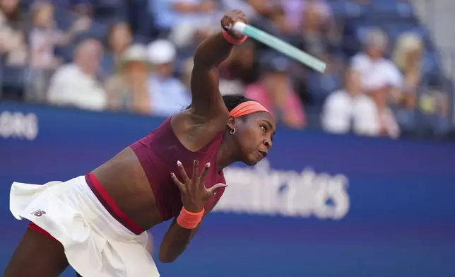 Coco Gauff, of the United States, serves during the third round of the U.S. Open tennis championships, Saturday, Aug. 30, 2025, in New York. (AP Photo/Kirsty Wigglesworth)