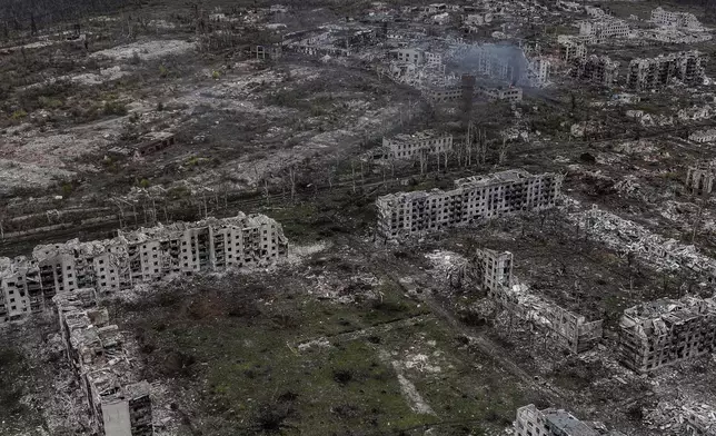 FILE - An aerial view of Chasiv Yar shows the frontline city in ruins after heavy fighting between Russian and Ukrainian forces for over a year, Donetsk Region, Ukraine, Nov. 11, 2024. (AP Photo/File)