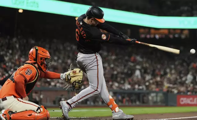 Baltimore Orioles' Ryan Mountcastle hits an RBI double during the third inning of a baseball game against the San Francisco Giants, Friday, Aug. 29, 2025, in San Francisco. (AP Photo/Godofredo A. Vásquez)