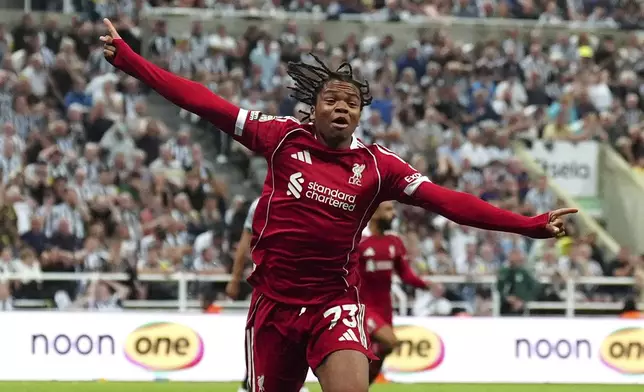 Liverpool's Rio Ngumoha celebrates after scoring his side's third goal during the English Premier League soccer match between Liverpool and Newcastle United at St James' Park, Newcastle, England, Monday Aug. 25, 2025. (Owen Humphreys/PA via AP)