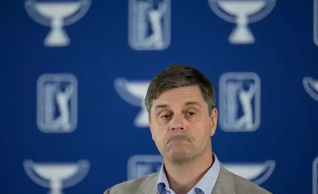 PGA Tour CEO Brian Rolapp speaks before a practice round of the Tour Championship golf tournament, Wednesday, Aug. 20, 2025, in Atlanta. (AP Photo/Mike Stewart)