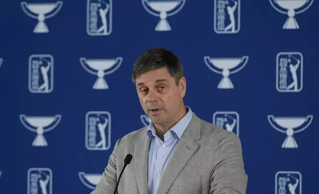 PGA Tour CEO Brian Rolapp speaks before a practice round of the Tour Championship golf tournament, Wednesday, Aug. 20, 2025, in Atlanta. (AP Photo/Mike Stewart)