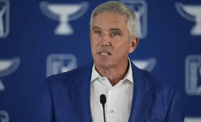 PGA Tour Commissioner Jay Monahan speaks before a practice round of the Tour Championship golf tournament, Wednesday, Aug. 20, 2025, in Atlanta. (AP Photo/Mike Stewart)