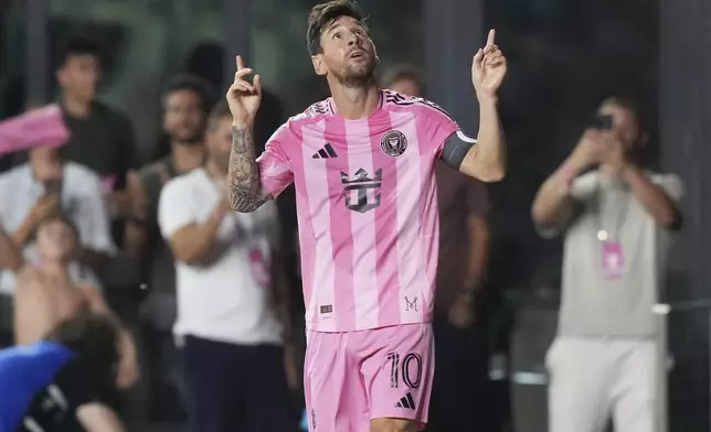 Inter Miami forward Lionel Messi (10) reacts after scoring a goal during the second half of an MLS soccer match against the Los Angeles Galaxy, Saturday, Aug. 16, 2025, in Fort Lauderdale, Fla. (AP Photo/Lynne Sladky)