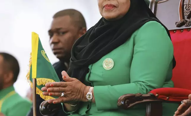 Tanzania's President Samia Suluhu Hassan, the presidential candidate of the ruling Chama Cha Mapinduzi (CCM) party, looks on during the launch of the party's campaign for the upcoming general elections, at Tanganyika Packers grounds in Dar es Salaam, Tanzania, Thursday, Aug. 28, 2025. (AP Photo/Steven Genya)