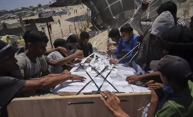 FILE - Palestinians open humanitarian aid packages that were airdropped into Deir al-Balah in central Gaza, Tuesday, Aug. 5, 2025. (AP Photo/Abdel Kareem Hana, File)