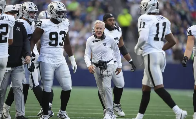 Las Vegas Raiders head coach Pete Carroll reacts after an interception by the Raiders during the first half of an NFL preseason football game against the Seattle Seahawks, Thursday, Aug. 7, 2025, in Seattle. (AP Photo/Lindsey Wasson)