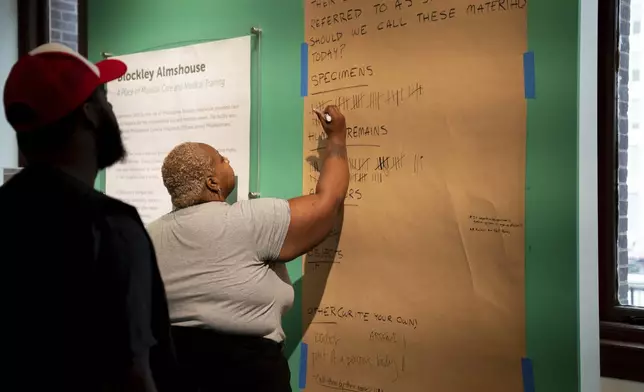 Markys Battle, 32, and Ashley Halton, 31, vote in a community feedback survey on the language surrounding items of human origin at the Mütter Museum on Thursday, Aug. 21, 2025, in Philadelphia. (AP Photo/Mingson Lau)