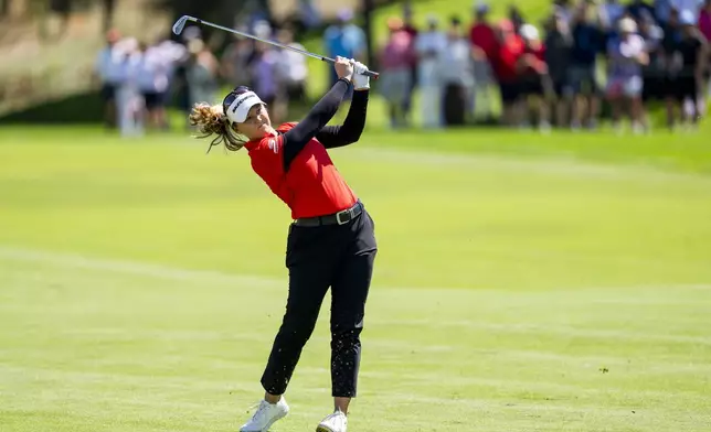 Brooke Henderson plays off the fairway on the 18th hole during the second round of the Canadian Women's Open golf tournament in Mississauga, Ont., Friday, Aug. 22, 2025. (Thomas Skrlj /The Canadian Press via AP)