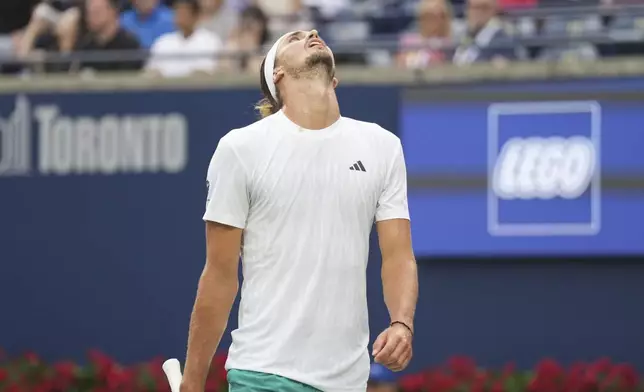 Alexander Zverev, of Germany, reacts during semifinal tennis action against Karen Khachanov, of Russia, at the National Bank Open in Toronto on Wednesday, Aug., 6, 2025. (Chris Young/The Canadian Press via AP)