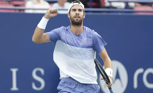 Karen Khachanov, of Russia, reacts during semifinal tennis action against Alexander Zverev, of Germany, at the National Bank Open in Toronto on Wednesday, Aug., 6, 2025. (Chris Young/The Canadian Press via AP)