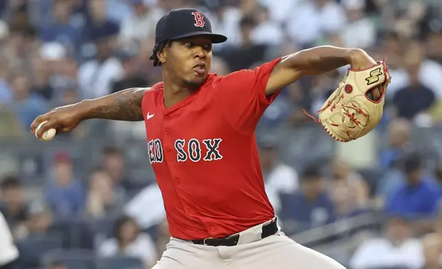 Boston Red Sox pitcher Brayan Bello throws during the first inning of a baseball game against the New York Yankees Friday, Aug. 22, 2025, in New York. (AP Photo/Pamela Smith)