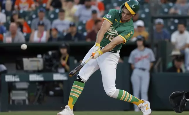Athletics' Nick Kurtz singles during the first inning of a baseball game against the Detroit Tigers Wednesday, Aug. 27, 2025, in West Sacramento, Calif. (AP Photo/Sergio Estrada)
