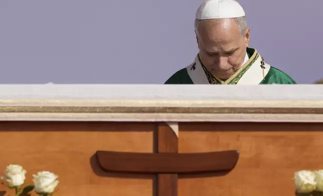 Pope Leo XIV holds a Mass with young people participating in the Youths Jubilee at the Tor Vergata field in Rome, Sunday, Aug. 3, 2025. (AP Photo/Gregorio Borgia)