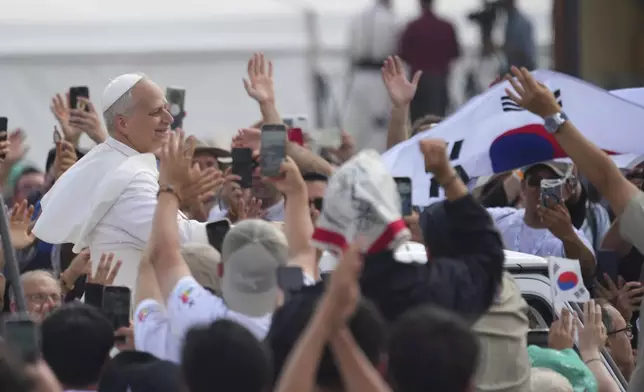 Pope Leo XIV leaves at the end of a Mass with young people participating in the Youths Jubilee at the Tor Vergata field in Rome, Sunday, Aug. 3, 2025. (AP Photo/Andrew Medichini)