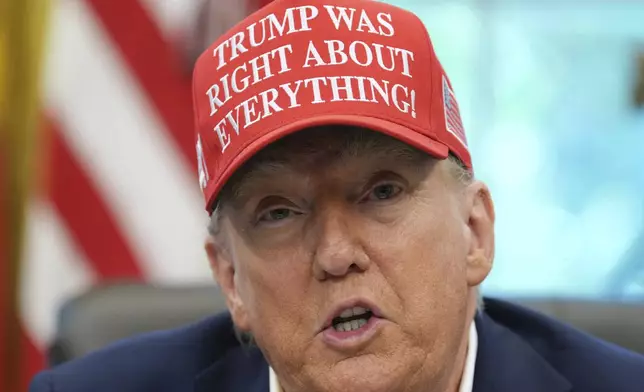 President Donald Trump speaks in the Oval Office of the White House, Friday, Aug. 22, 2025, in Washington. (AP Photo/Jacquelyn Martin)