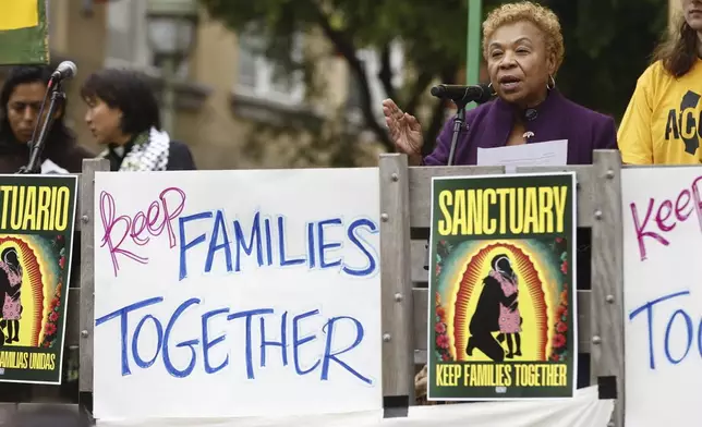 FILE - Oakland Mayor Barbara Lee speaks during a vigil held at Fruitvale Station to show solidarity with demonstrations against ICE raids, in Oakland, Calif., on Tuesday, June 10, 2025. (Santiago Mejia/San Francisco Chronicle via AP, File)