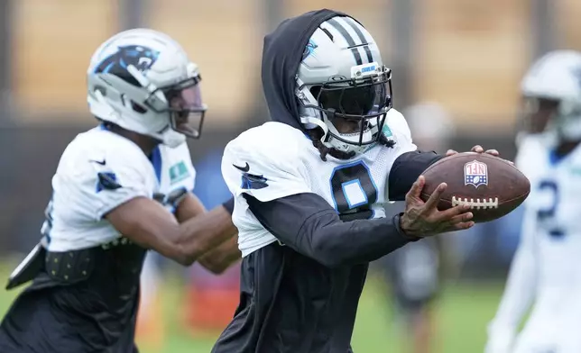 Carolina Panthers cornerback Jaycee Horn participates during an NFL football training camp, Friday, Aug. 1, 2025, in Charlotte, N.C. (AP Photo/Chris Carlson)