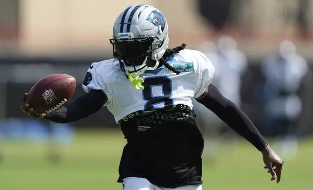 Carolina Panthers cornerback Jaycee Horn participates during an NFL football training camp, Wednesday, July 30, 2025, in Charlotte, N.C. (AP Photo/Chris Carlson)