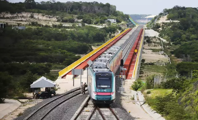 A Maya Train car arrives at a station in Campeche, Mexico, Thursday, Aug. 14, 2025. (AP Photo/Martin Zetina)