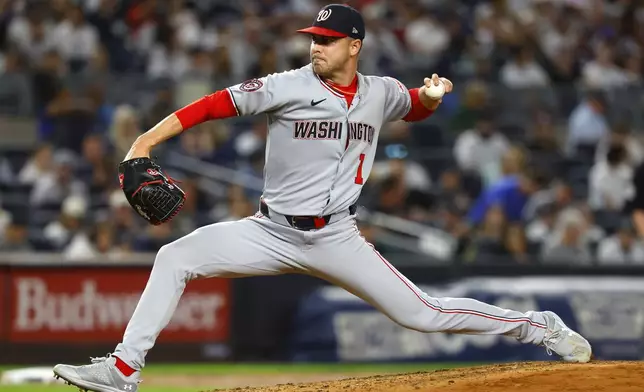 Washington Nationals' MacKenzie Gore throws against the New York Yankees during the third inning of a baseball game, Tuesday, Aug. 26, 2025, in New York. (AP Photo/Noah K. Murray)