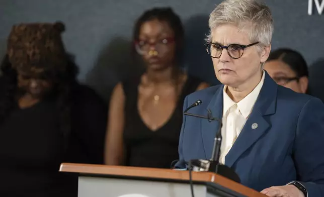 Hennepin County Attorney Mary Moriarty announces that Bryan Hooper Sr. would be freed after 27 years, after another prisoner confessed to the the murder, in Minneapolis, Minn., on Tuesday, Aug. 12, 2025. (Richard Tsong-Taatarii/Star Tribune via AP)