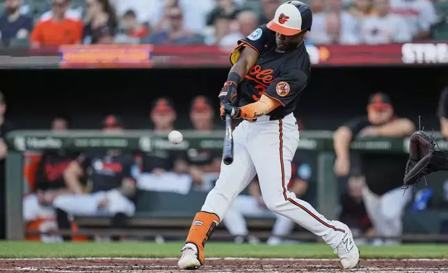 Baltimore Orioles' Cedric Mullins hits a two-run home run during the second inning of a baseball game against the Toronto Blue Jays, Monday, July 28, 2025, in Baltimore. (AP Photo/Stephanie Scarbrough)