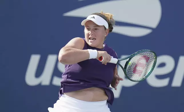 FILE - Jeļena Ostapenko of Latvia during the first round of the U.S. Open tennis tournament, Aug. 24, 2025, in New York. (AP Photo/Vera Nieuwenhuis, File)