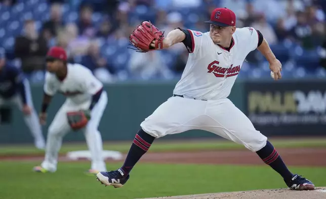 Cleveland Guardians' Parker Messick pitches in the first inning of a baseball game against the Tampa Bay Rays in Cleveland, Tuesday, Aug. 26, 2025. (AP Photo/Sue Ogrocki)