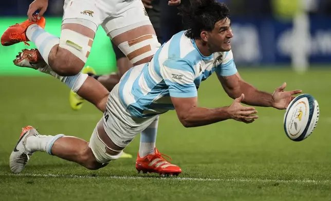Argentina's Los Pumas Pablo Matera falls during a rugby championship match against New Zealand's All Blacks in Buenos Aires, Argentina, Saturday, Aug. 23, 2025. (AP Photo/Gustavo Garello)