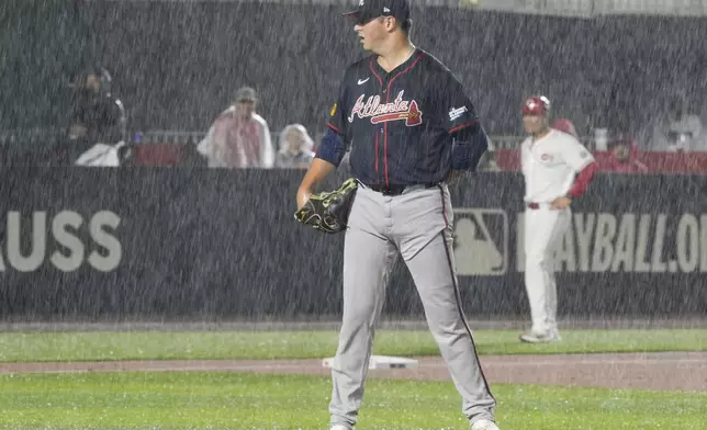Atlanta Braves pitcher Austin Cox throws against the Cincinnati Reds during the first inning of the MLB Speedway Classic baseball game at Bristol Motor Speedway in Bristol, Tenn., Saturday, Aug. 2, 2025. (AP Photo/Chris Carlson)