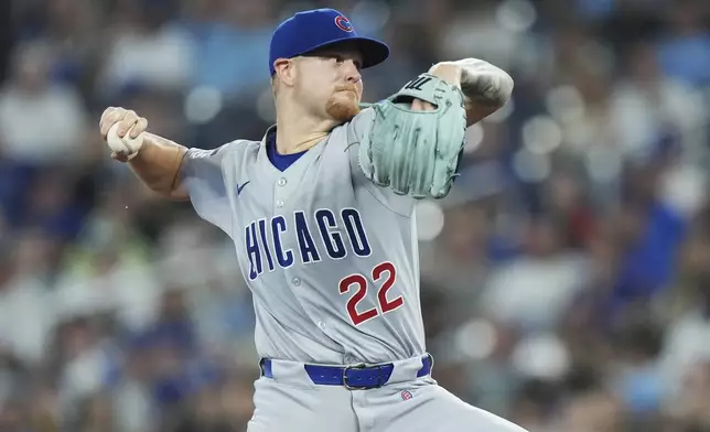 Chicago Cubs pitcher Cade Horton (22) works against the Toronto Blue Jays during first inning MLB baseball action in Toronto on Wednesday, August 13, 2025. (Nathan Denette/The Canadian Press via AP)