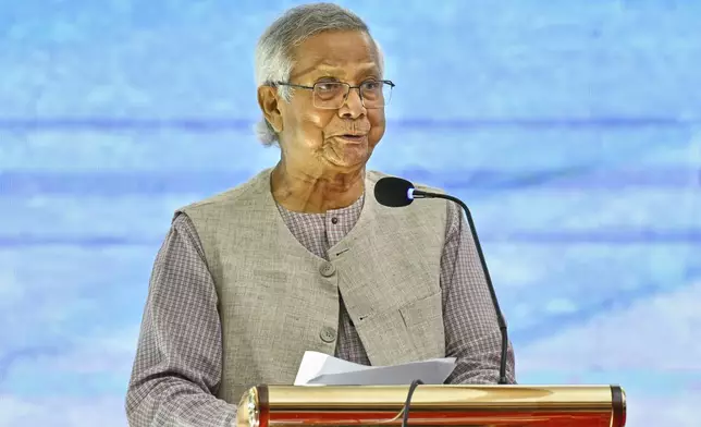 Chief Adviser Professor Muhammad Yunus, a Nobel Peace Prize laureate, speaks at a stakeholders' dialogue on the Rohingya situation in Cox's Bazar, Bangladesh, on Monday, Aug. 25, 2025. (AP Photo/Mahmud Hossain Opu)