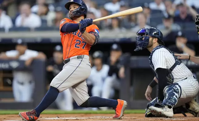 Houston Astros' Jose Altuve (27) hits a two-run home run during the first inning of a baseball game against the New York Yankee Friday, Aug. 8, 2025, in New York. (AP Photo/Frank Franklin II)