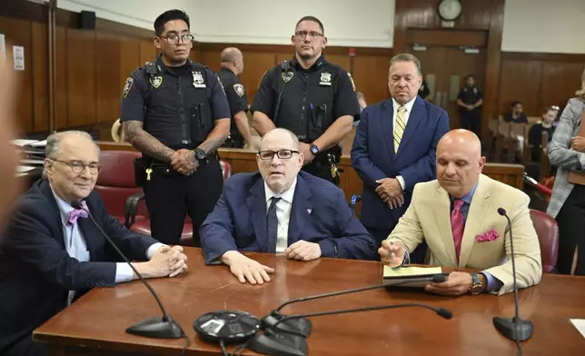 Harvey Weinstein appears in state court in Manhattan to be sentenced on his sexual assault conviction in Wednesday, Aug. 13 2025 in New York. (Curtis Means/Pool Photo via AP)