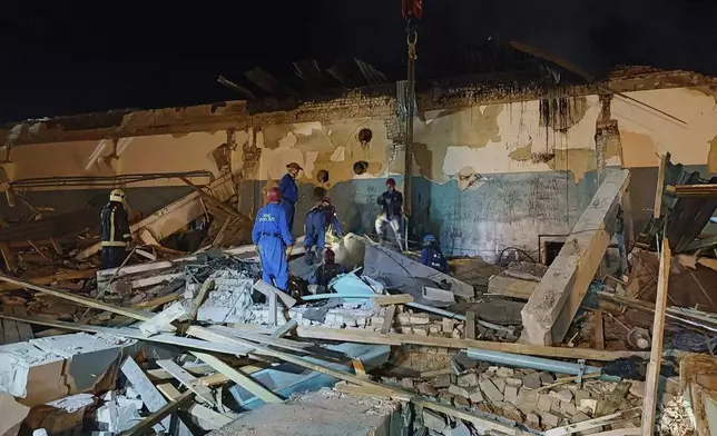 In this photo, released by the Russian Emergency Ministry Press Service on Saturday, Aug. 16, 2025, Emergency Ministry employees work in debris of an industrial plant after a fire at the facility in the Shilovsky District, Ryazan region, around 250 kilometers (155 miles) southeast of Moscow, Russia. (Russian Emergency Ministry Press Service via AP)