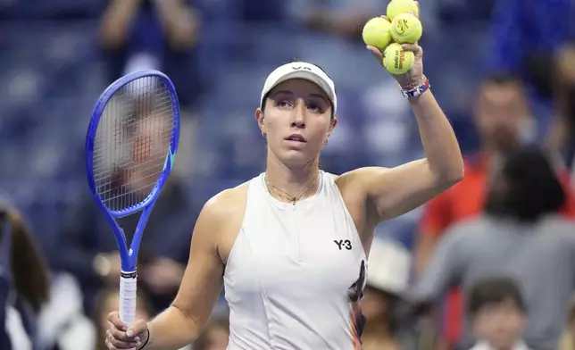 Jessica Pegula, of the United States, celebrates after defeating Mayar Sherif, of Egypt, during the first-round of the U.S. Open tennis championships, Sunday, Aug. 24, 2025, in New York. (AP Photo/Frank Franklin II)