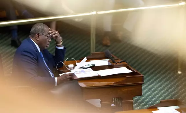 Texas state Sen. Royce West, D-Dallas, listens to other senators speaking during a special session in the Senate Chamber at the Texas Capitol in Austin, Texas, Friday, Aug. 22, 2025. (AP Photo/Stephen Spillman)