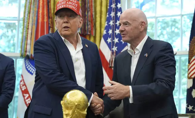 President Donald Trump, left, shakes the hand of FIFA President Gianni Infantino at the conclusion of an announcement in the Oval Office of the White House, Friday, Aug. 22, 2025, in Washington. (AP Photo/Jacquelyn Martin)