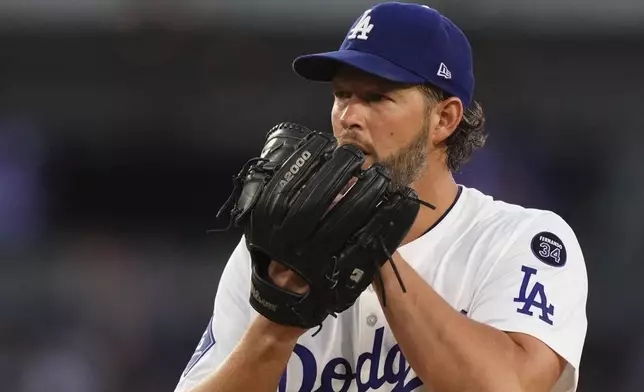 Los Angeles Dodgers starting pitcher Clayton Kershaw gets set to pitch during the second inning of a baseball game against the Toronto Blue Jays, Friday, Aug. 8, 2025, in Los Angeles. (AP Photo/Mark J. Terrill)
