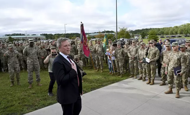 Army Secretary Dan Driscoll expresses his gratitude as he arrives to honor six soldiers for their heroic actions and for a news conference outside Fort Stewart in Georgia, Thursday, Aug. 6, 2025. (Hyosub Shin /Atlanta Journal-Constitution via AP)