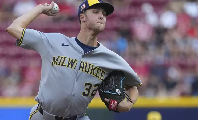 Milwaukee Brewers' Caleb Durbin delivers a pitch in the first inning of a baseball game against the Cincinnati Reds, Friday, Aug. 15, 2025, in Cincinnati. (AP Photo/Kareem Elgazzar)